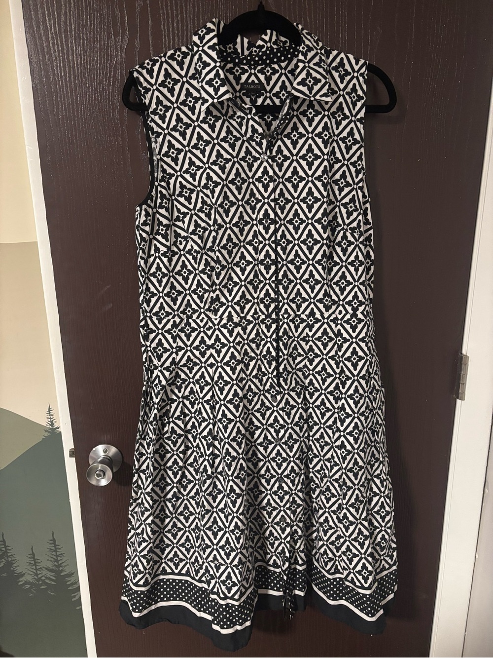 Talbots Black and White Collared Sleeveless Midi Dress with Geometric Motif